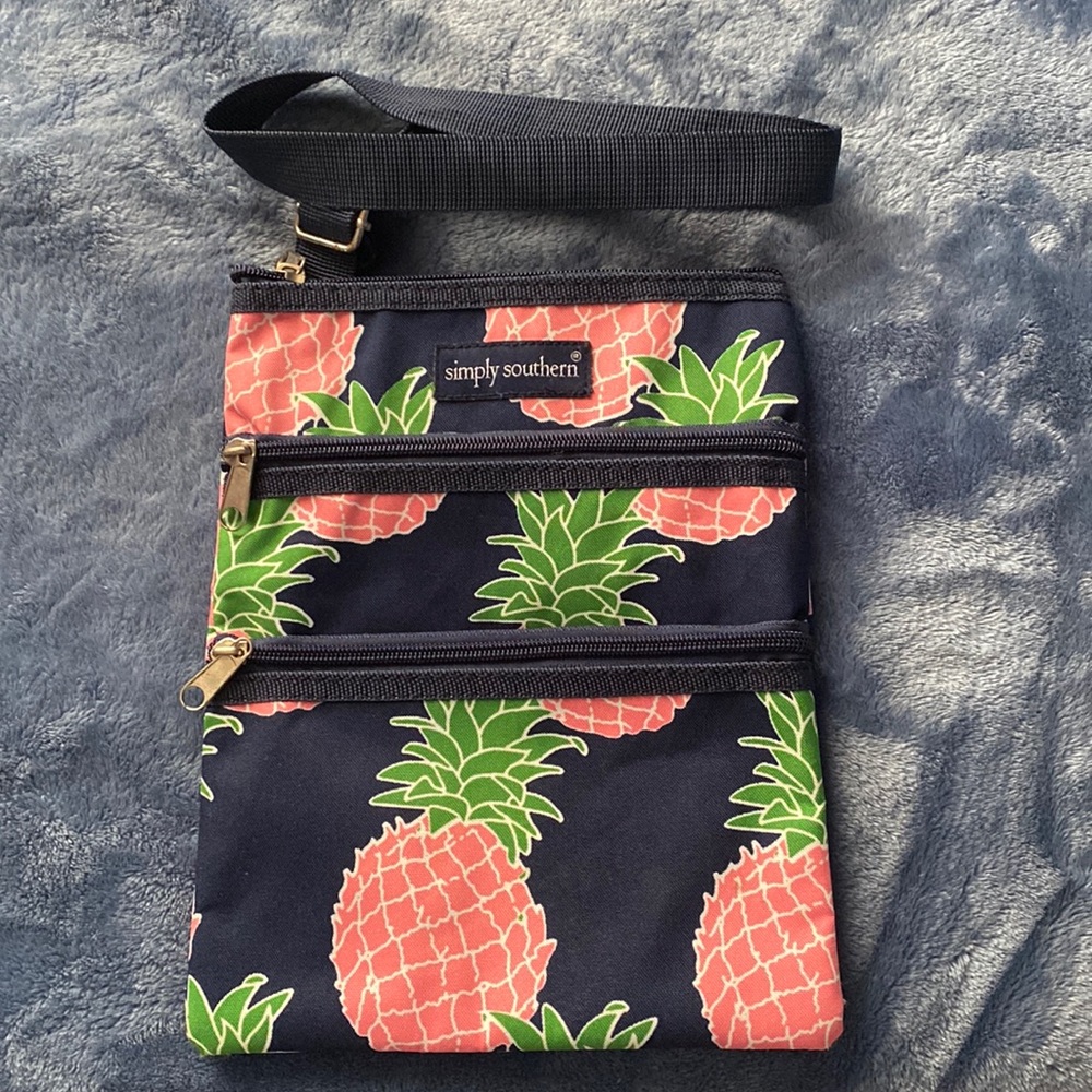 simply southern pink pineapple on navy blue background purse